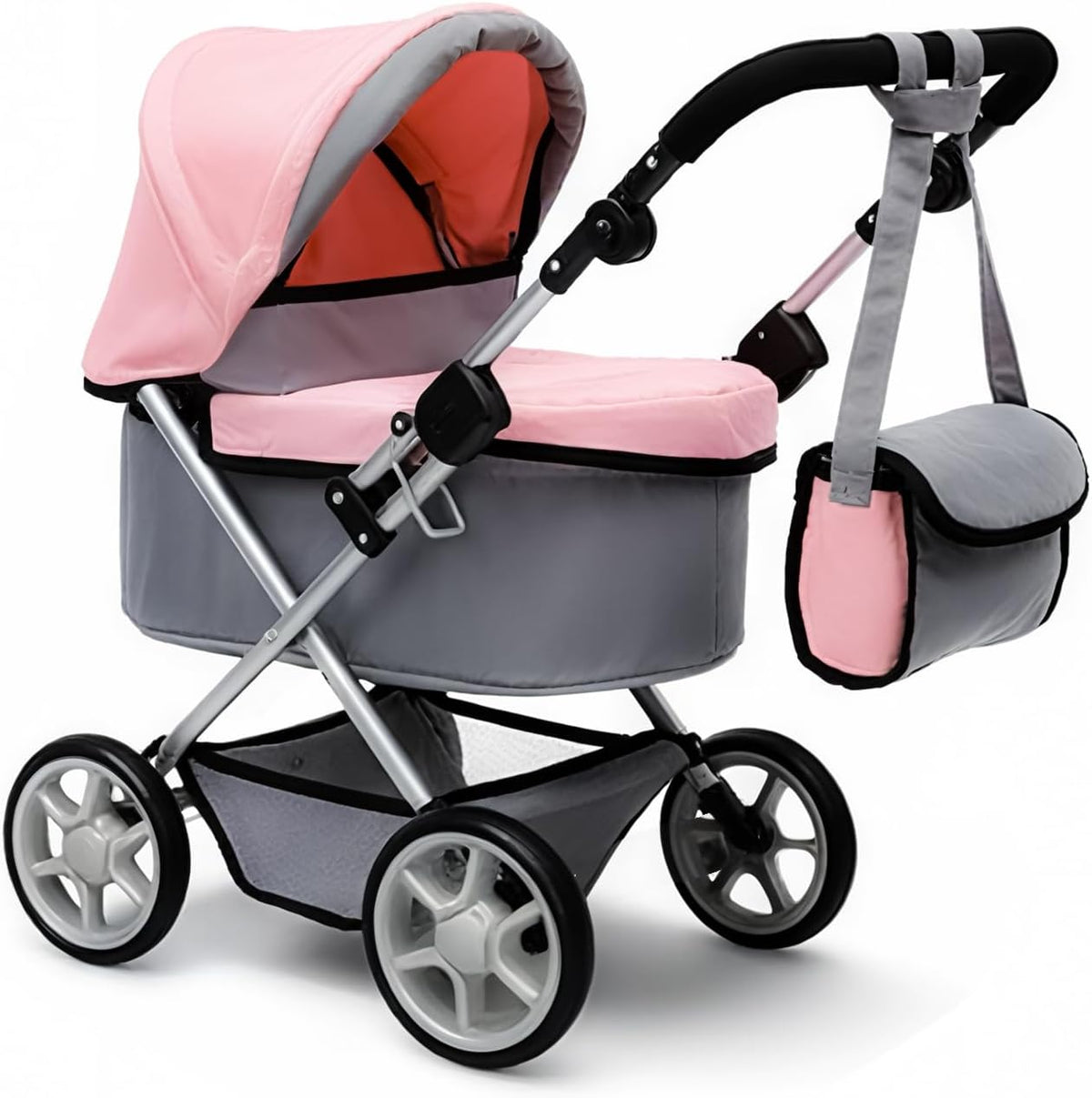 Baby Doll Stroller, Pink and Gray Foldable Pram with Adjustable Hood, Storage Basket and Shoulder Bag, Lightweight Buggy for Dolls Up to 22 Inches, Girls Age 3+