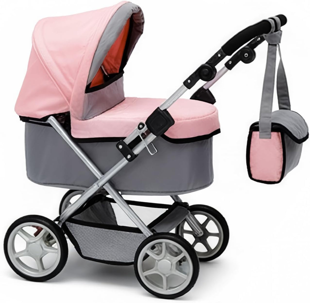 Baby Doll Stroller, Pink and Gray Foldable Pram with Adjustable Hood, Storage Basket and Shoulder Bag, Lightweight Buggy for Dolls Up to 22 Inches, Girls Age 3+