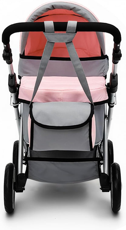 Baby Doll Stroller, Pink and Gray Foldable Pram with Adjustable Hood, Storage Basket and Shoulder Bag, Lightweight Buggy for Dolls Up to 22 Inches, Girls Age 3+
