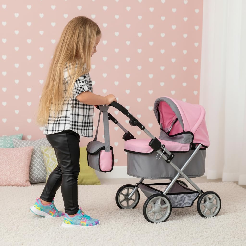 Baby Doll Stroller, Pink and Gray Foldable Pram with Adjustable Hood, Storage Basket and Shoulder Bag, Lightweight Buggy for Dolls Up to 22 Inches, Girls Age 3+