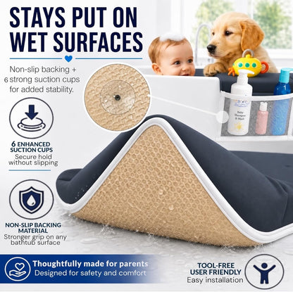 Comfortable Baby Bath Kneeler and Elbow Rest Pad Set, Non-Slip Bathtub Kneeling Pad for Bathing Baby, Bath Tub Cushion Mat, Elbow Pads, Toy Organizer Storage Pockets, Strong Suction Cups (Dark Gray)