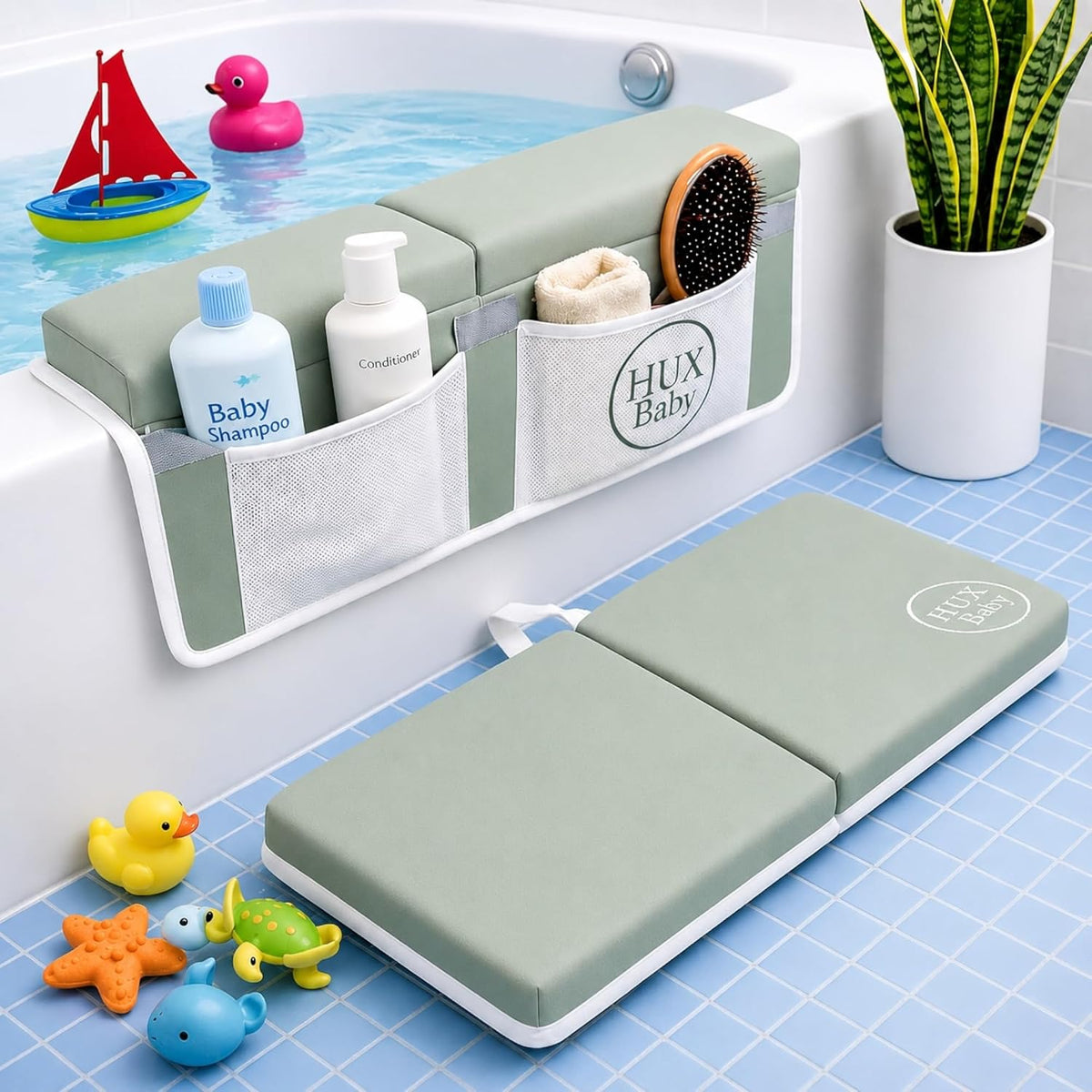 Comfortable Baby Bath Kneeler and Elbow Rest Pad Set, Non-Slip Bathtub Kneeling Pad for Bathing Baby, Bath Tub Cushion Mat, Elbow Pads, Toy Organizer Storage Pockets, Strong Suction Cups (Dark Gray)