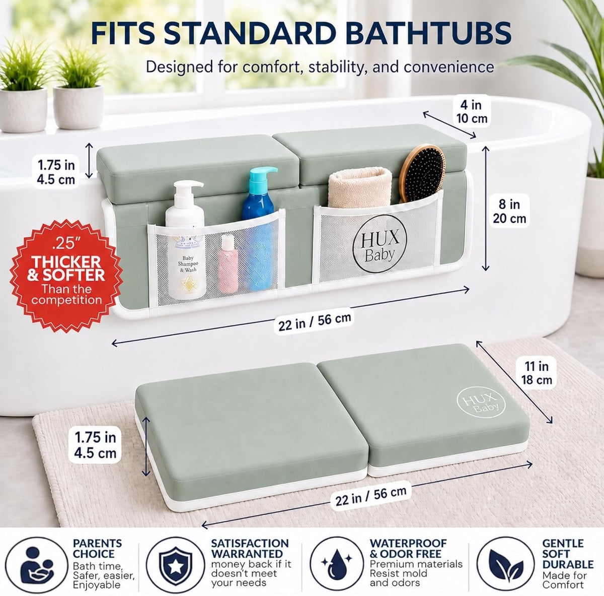 Comfortable Baby Bath Kneeler and Elbow Rest Pad Set, Non-Slip Bathtub Kneeling Pad for Bathing Baby, Bath Tub Cushion Mat, Elbow Pads, Toy Organizer Storage Pockets, Strong Suction Cups (Dark Gray)
