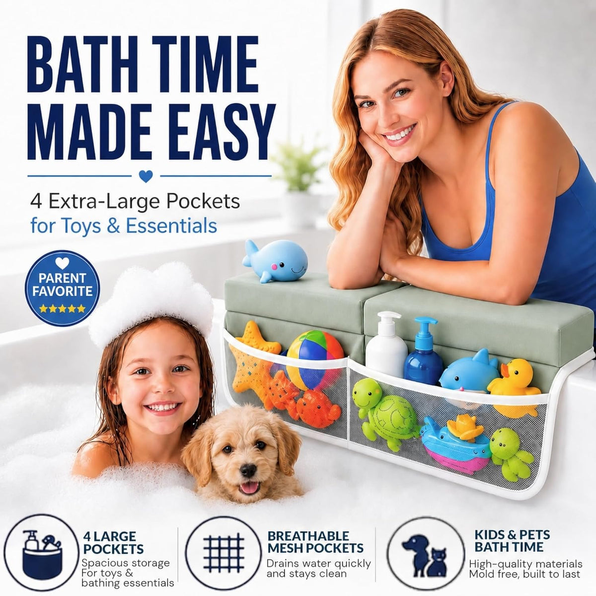 Comfortable Baby Bath Kneeler and Elbow Rest Pad Set, Non-Slip Bathtub Kneeling Pad for Bathing Baby, Bath Tub Cushion Mat, Elbow Pads, Toy Organizer Storage Pockets, Strong Suction Cups (Dark Gray)