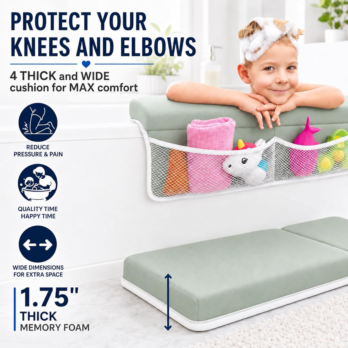 Comfortable Baby Bath Kneeler and Elbow Rest Pad Set, Non-Slip Bathtub Kneeling Pad for Bathing Baby, Bath Tub Cushion Mat, Elbow Pads, Toy Organizer Storage Pockets, Strong Suction Cups (Dark Gray)