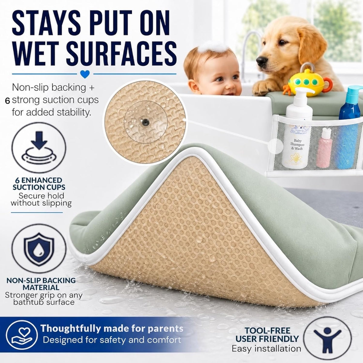 Comfortable Baby Bath Kneeler and Elbow Rest Pad Set, Non-Slip Bathtub Kneeling Pad for Bathing Baby, Bath Tub Cushion Mat, Elbow Pads, Toy Organizer Storage Pockets, Strong Suction Cups (Dark Gray)