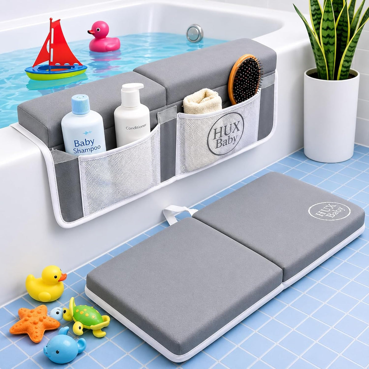 Comfortable Baby Bath Kneeler and Elbow Rest Pad Set, Non-Slip Bathtub Kneeling Pad for Bathing Baby, Bath Tub Cushion Mat, Elbow Pads, Toy Organizer Storage Pockets, Strong Suction Cups (Dark Gray)
