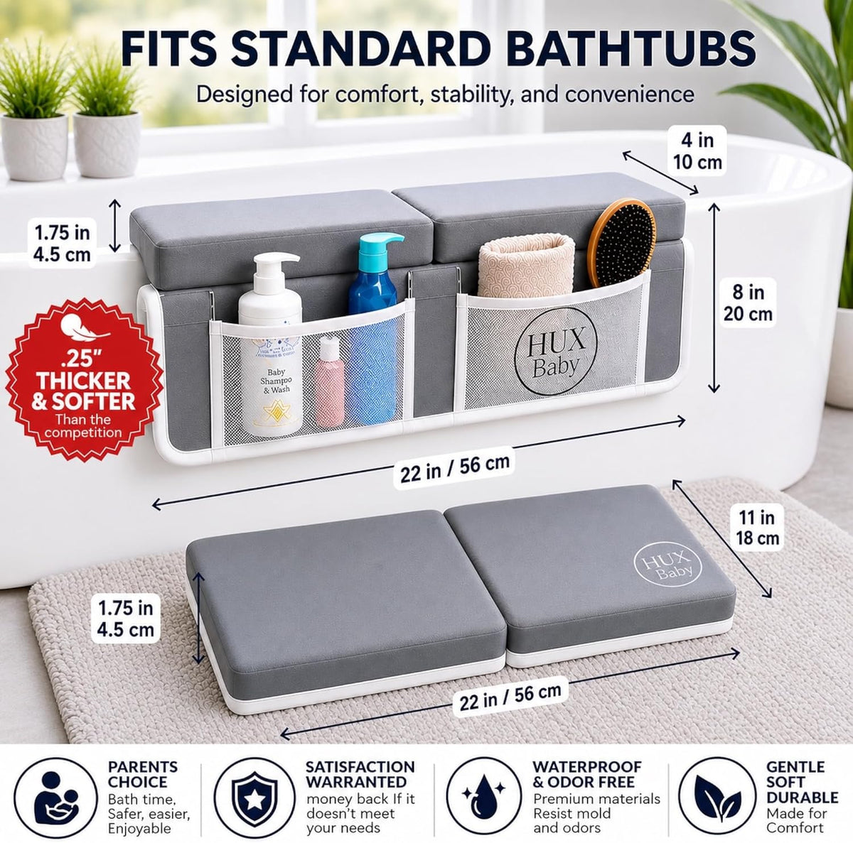 Comfortable Baby Bath Kneeler and Elbow Rest Pad Set, Non-Slip Bathtub Kneeling Pad for Bathing Baby, Bath Tub Cushion Mat, Elbow Pads, Toy Organizer Storage Pockets, Strong Suction Cups (Dark Gray)