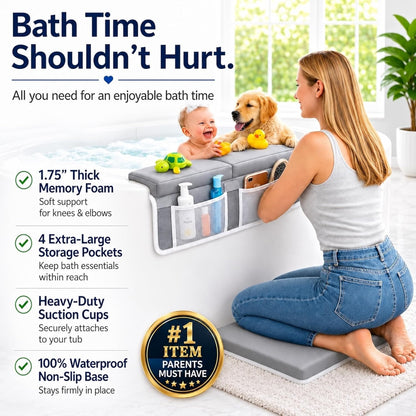 Comfortable Baby Bath Kneeler and Elbow Rest Pad Set, Non-Slip Bathtub Kneeling Pad for Bathing Baby, Bath Tub Cushion Mat, Elbow Pads, Toy Organizer Storage Pockets, Strong Suction Cups (Dark Gray)