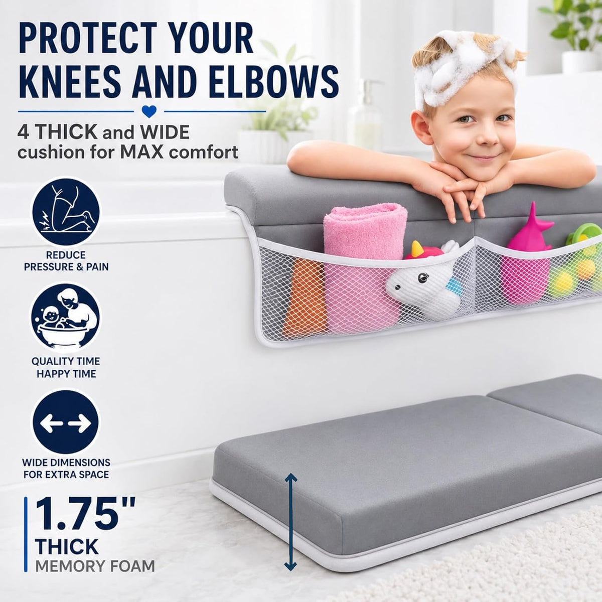 Comfortable Baby Bath Kneeler and Elbow Rest Pad Set, Non-Slip Bathtub Kneeling Pad for Bathing Baby, Bath Tub Cushion Mat, Elbow Pads, Toy Organizer Storage Pockets, Strong Suction Cups (Dark Gray)