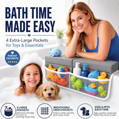 Comfortable Baby Bath Kneeler and Elbow Rest Pad Set, Non-Slip Bathtub Kneeling Pad for Bathing Baby, Bath Tub Cushion Mat, Elbow Pads, Toy Organizer Storage Pockets, Strong Suction Cups (Dark Gray)