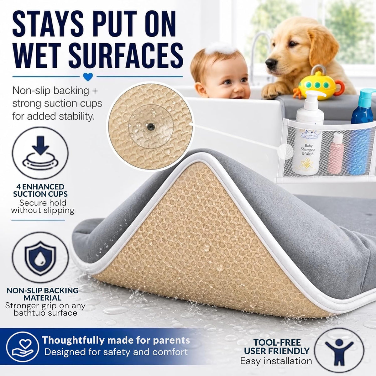 Comfortable Baby Bath Kneeler and Elbow Rest Pad Set, Non-Slip Bathtub Kneeling Pad for Bathing Baby, Bath Tub Cushion Mat, Elbow Pads, Toy Organizer Storage Pockets, Strong Suction Cups (Dark Gray)