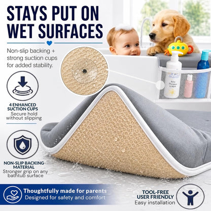 Comfortable Baby Bath Kneeler and Elbow Rest Pad Set, Non-Slip Bathtub Kneeling Pad for Bathing Baby, Bath Tub Cushion Mat, Elbow Pads, Toy Organizer Storage Pockets, Strong Suction Cups (Dark Gray)