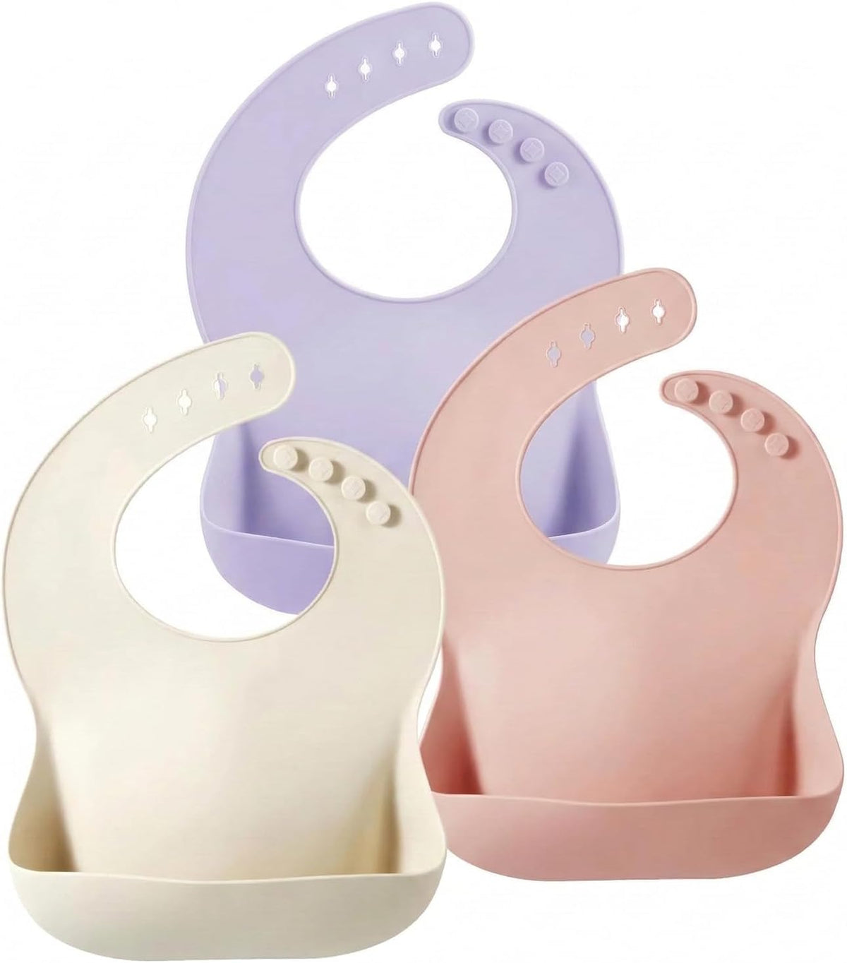 Set of 3 Silicone Baby Bibs Waterproof, Soft, Unisex, 10-72 Months (Pink/Purple/Linen)