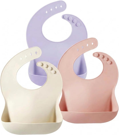 Set of 3 Silicone Baby Bibs Waterproof, Soft, Unisex, 10-72 Months (Pink/Purple/Linen)