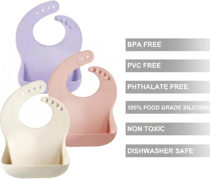 Set of 3 Silicone Baby Bibs Waterproof, Soft, Unisex, 10-72 Months (Pink/Purple/Linen)