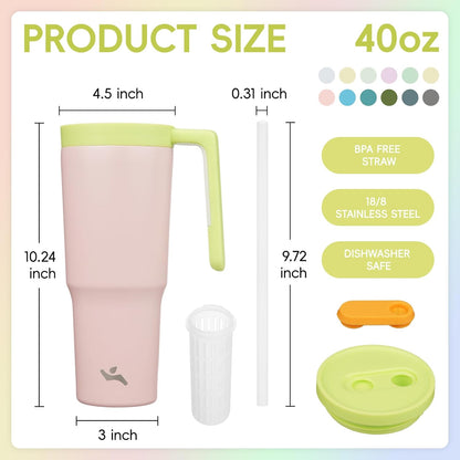 40 oz Tumbler with Handle and Straw, Insulated Water Bottle | Cherry; BPA-free, leak-resistant tumbler with fruit diffuser for gym, office, travel, coffee & daily hydration