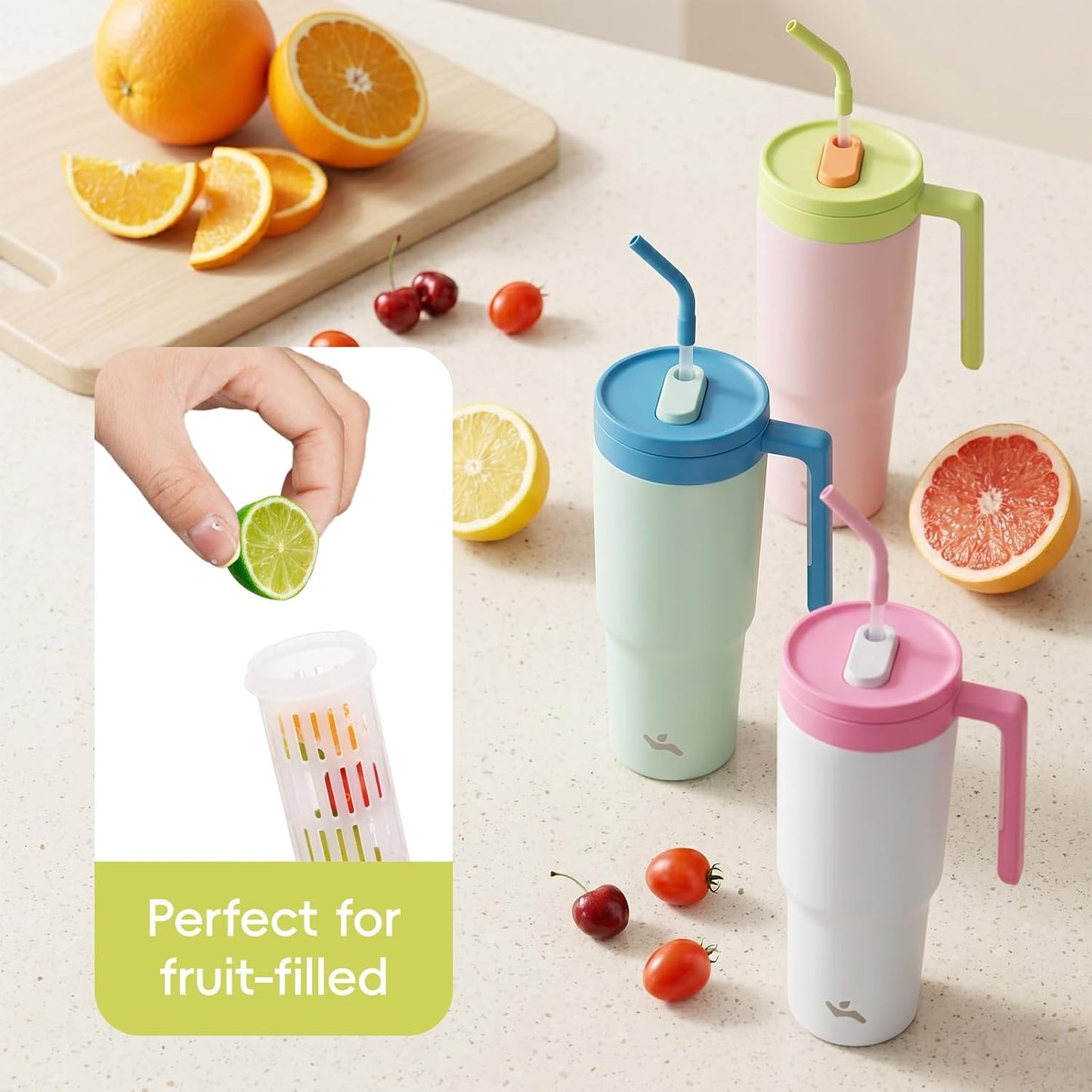 40 oz Tumbler with Handle and Straw, Insulated Water Bottle | Cherry; BPA-free, leak-resistant tumbler with fruit diffuser for gym, office, travel, coffee & daily hydration