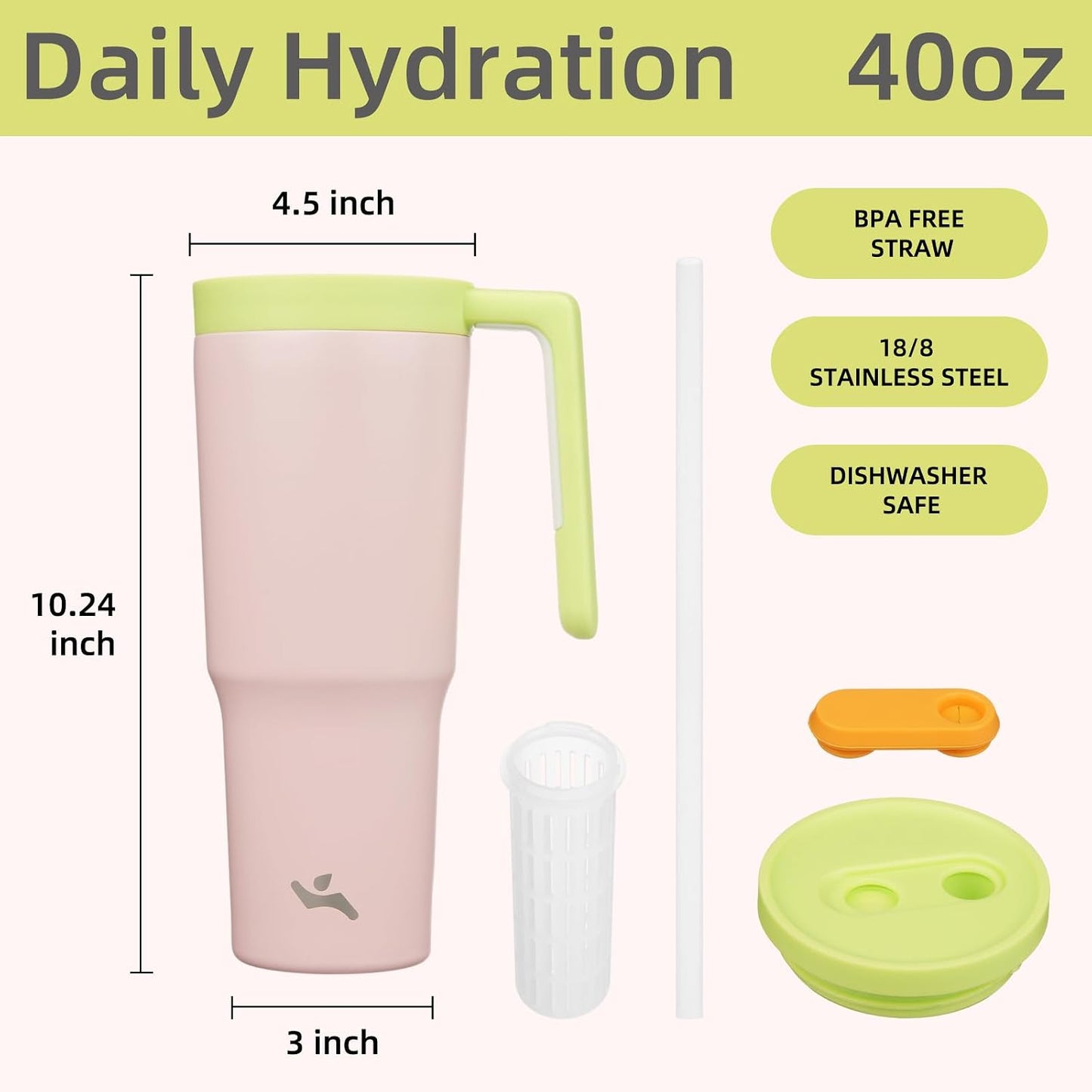 40 oz Tumbler with Handle and Straw, Insulated Water Bottle | Cherry; BPA-free, leak-resistant tumbler with fruit diffuser for gym, office, travel, coffee & daily hydration