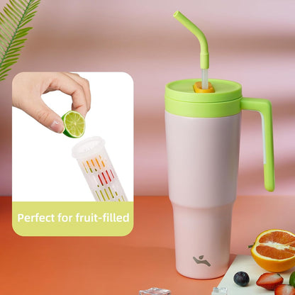 40 oz Tumbler with Handle and Straw, Insulated Water Bottle | Cherry; BPA-free, leak-resistant tumbler with fruit diffuser for gym, office, travel, coffee & daily hydration
