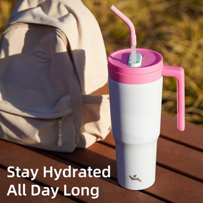 40 oz Tumbler with Handle and Straw, Insulated Water Bottle | Cherry; BPA-free, leak-resistant tumbler with fruit diffuser for gym, office, travel, coffee & daily hydration