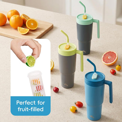40 oz Tumbler with Handle and Straw, Insulated Water Bottle | Cherry; BPA-free, leak-resistant tumbler with fruit diffuser for gym, office, travel, coffee & daily hydration