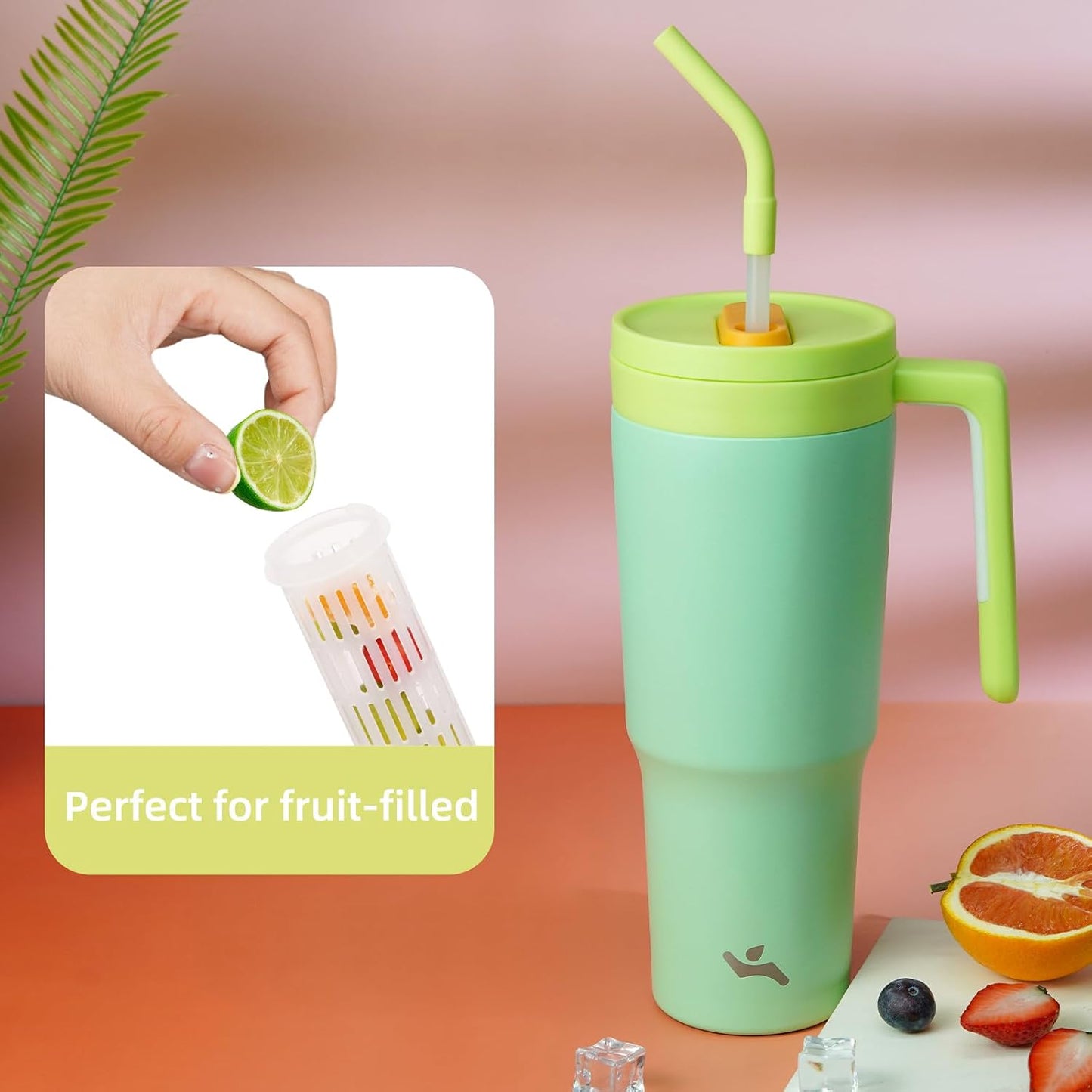 40 oz Tumbler with Handle and Straw, Insulated Water Bottle | Cherry; BPA-free, leak-resistant tumbler with fruit diffuser for gym, office, travel, coffee & daily hydration