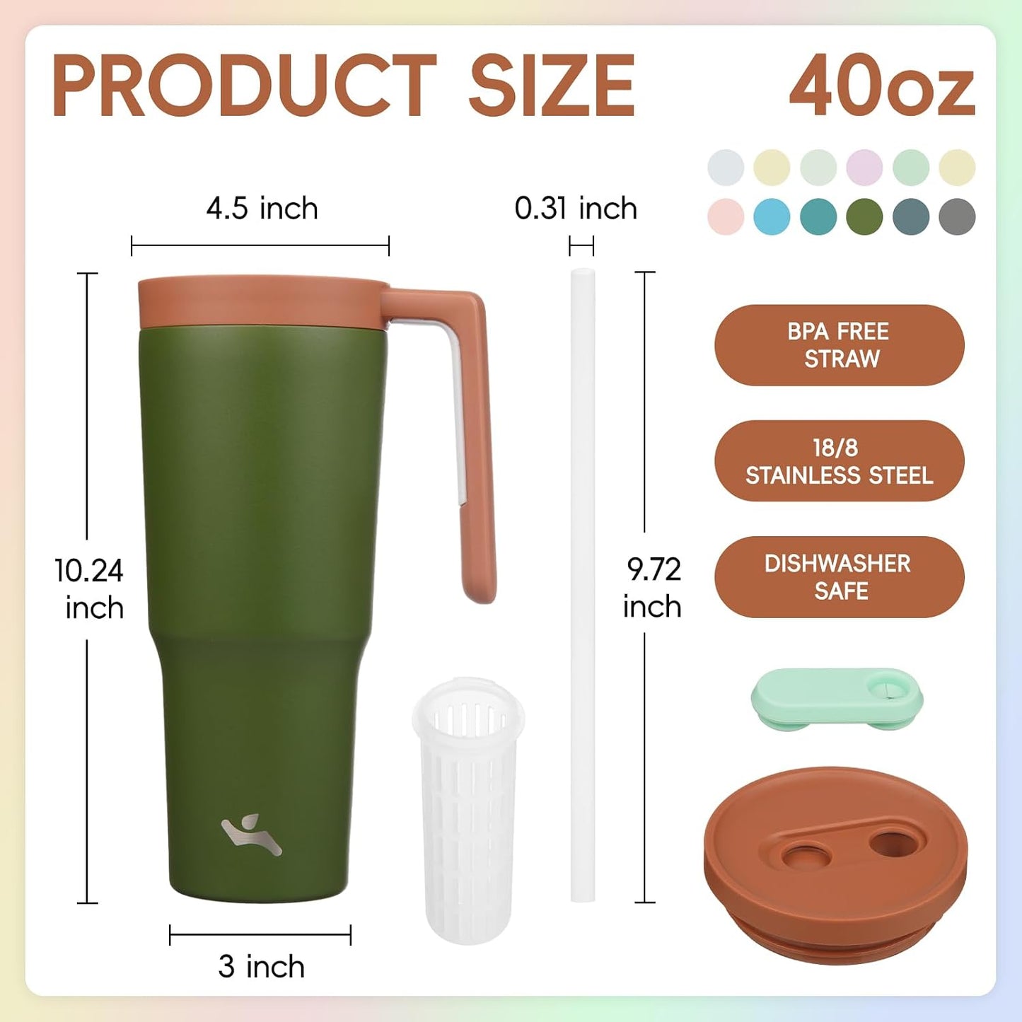 40 oz Tumbler with Handle and Straw, Insulated Water Bottle | Cherry; BPA-free, leak-resistant tumbler with fruit diffuser for gym, office, travel, coffee & daily hydration