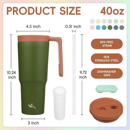 40 oz Tumbler with Handle and Straw, Insulated Water Bottle | Cherry; BPA-free, leak-resistant tumbler with fruit diffuser for gym, office, travel, coffee & daily hydration