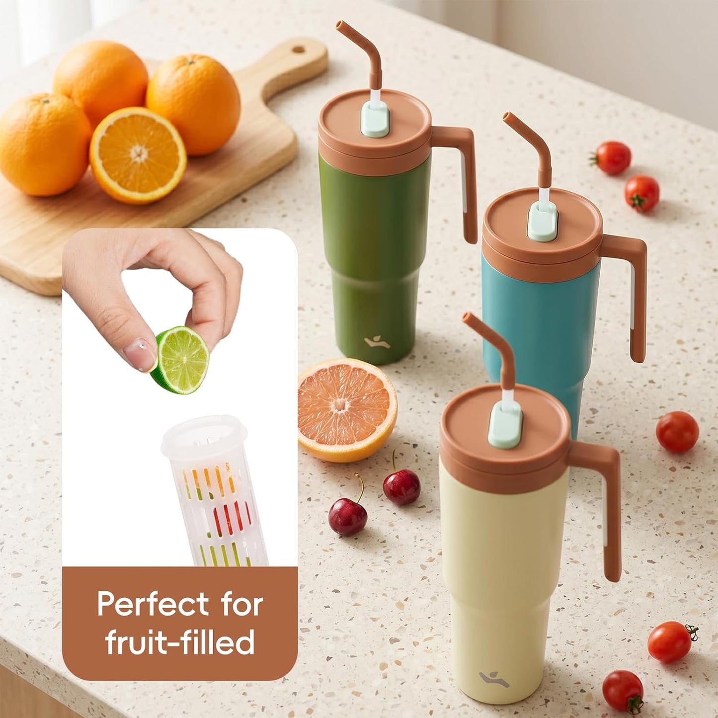 40 oz Tumbler with Handle and Straw, Insulated Water Bottle | Cherry; BPA-free, leak-resistant tumbler with fruit diffuser for gym, office, travel, coffee & daily hydration