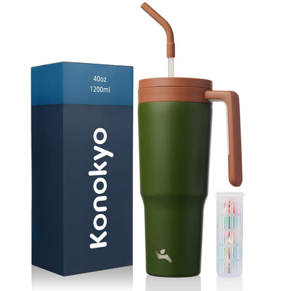 40 oz Tumbler with Handle and Straw, Insulated Water Bottle | Cherry; BPA-free, leak-resistant tumbler with fruit diffuser for gym, office, travel, coffee & daily hydration