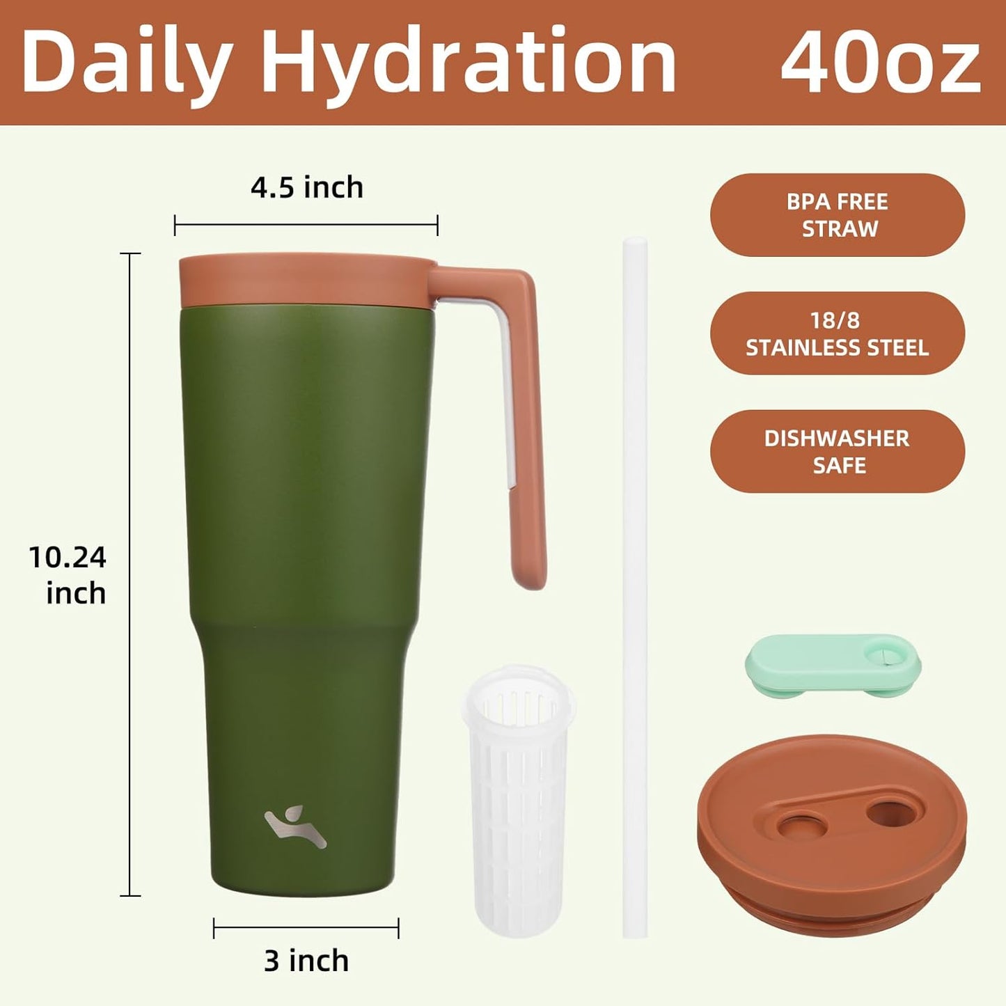 40 oz Tumbler with Handle and Straw, Insulated Water Bottle | Cherry; BPA-free, leak-resistant tumbler with fruit diffuser for gym, office, travel, coffee & daily hydration