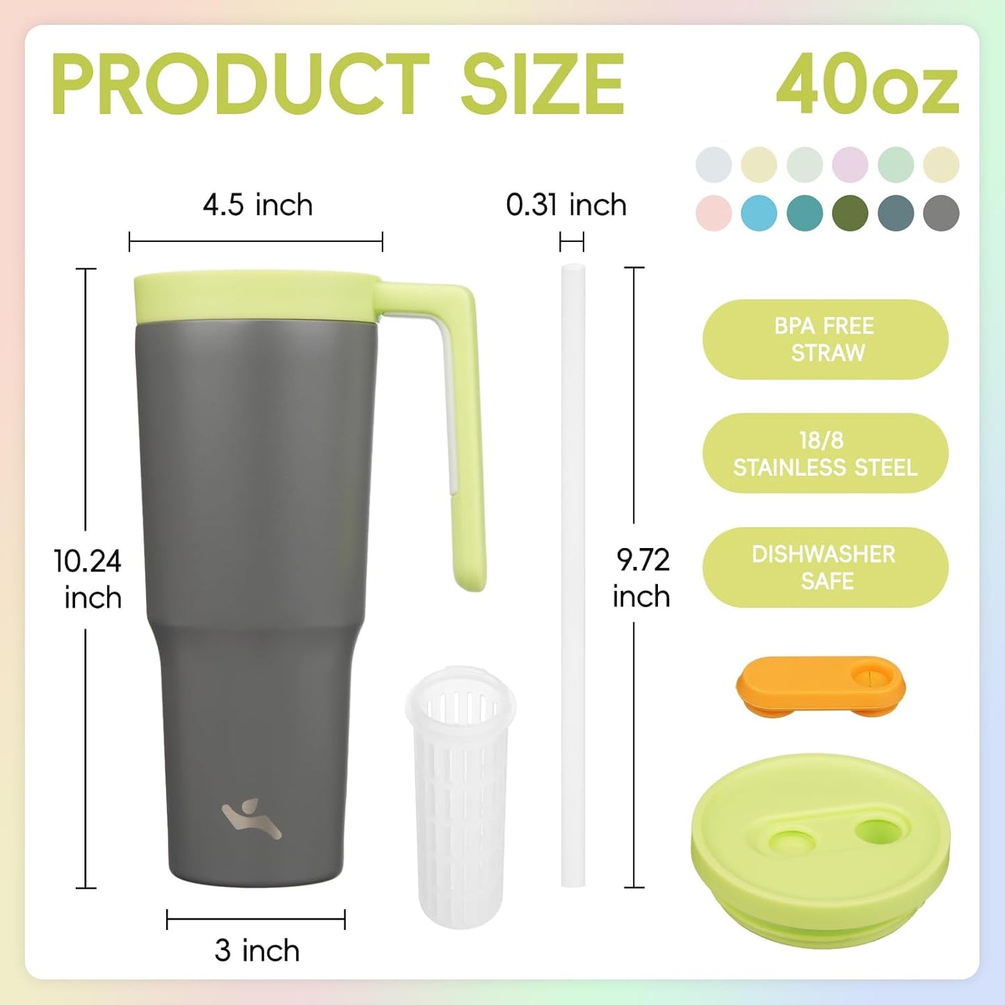 40 oz Tumbler with Handle and Straw, Insulated Water Bottle | Cherry; BPA-free, leak-resistant tumbler with fruit diffuser for gym, office, travel, coffee & daily hydration