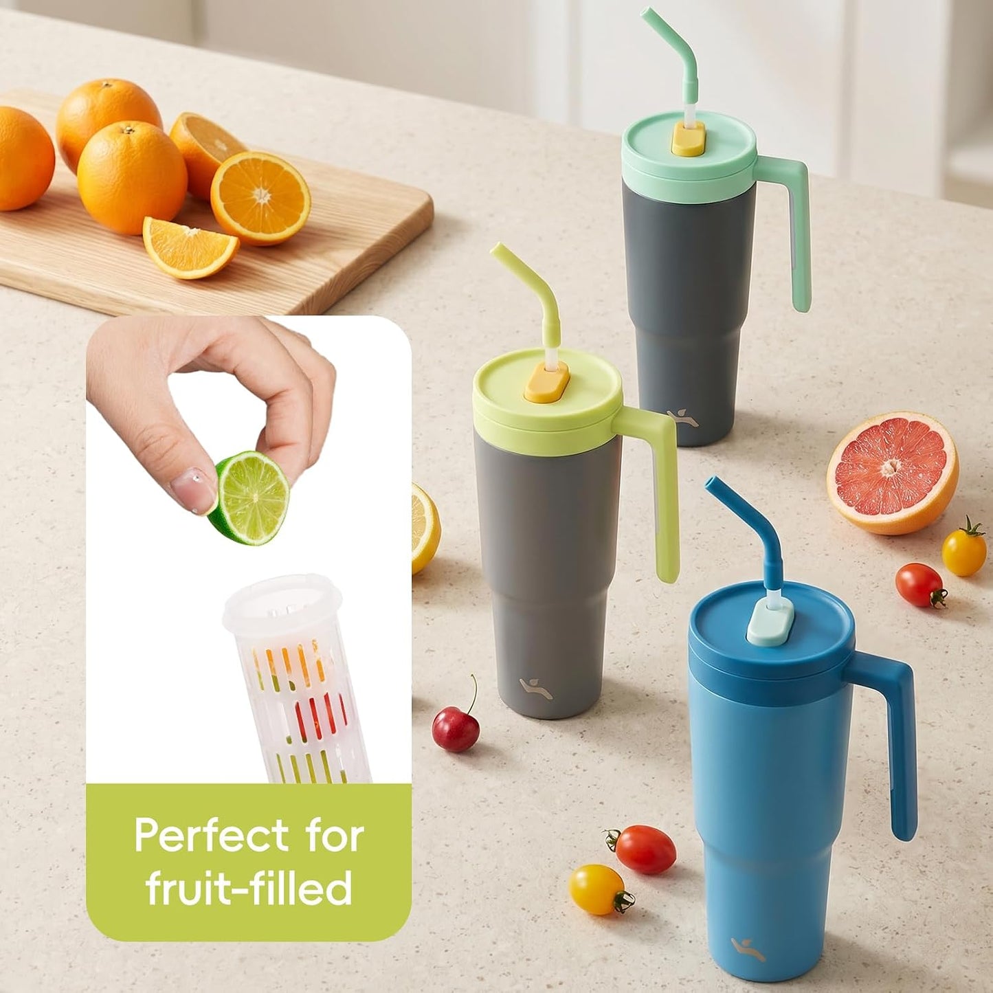 40 oz Tumbler with Handle and Straw, Insulated Water Bottle | Cherry; BPA-free, leak-resistant tumbler with fruit diffuser for gym, office, travel, coffee & daily hydration