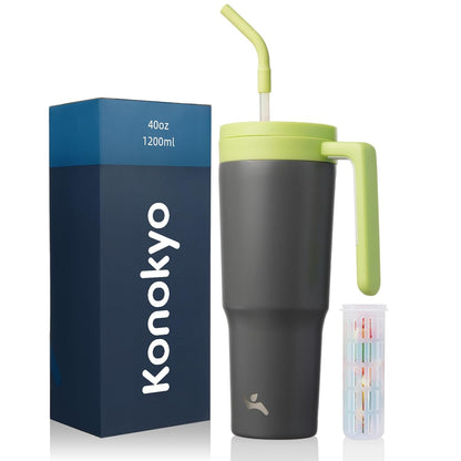 40 oz Tumbler with Handle and Straw, Insulated Water Bottle | Cherry; BPA-free, leak-resistant tumbler with fruit diffuser for gym, office, travel, coffee & daily hydration