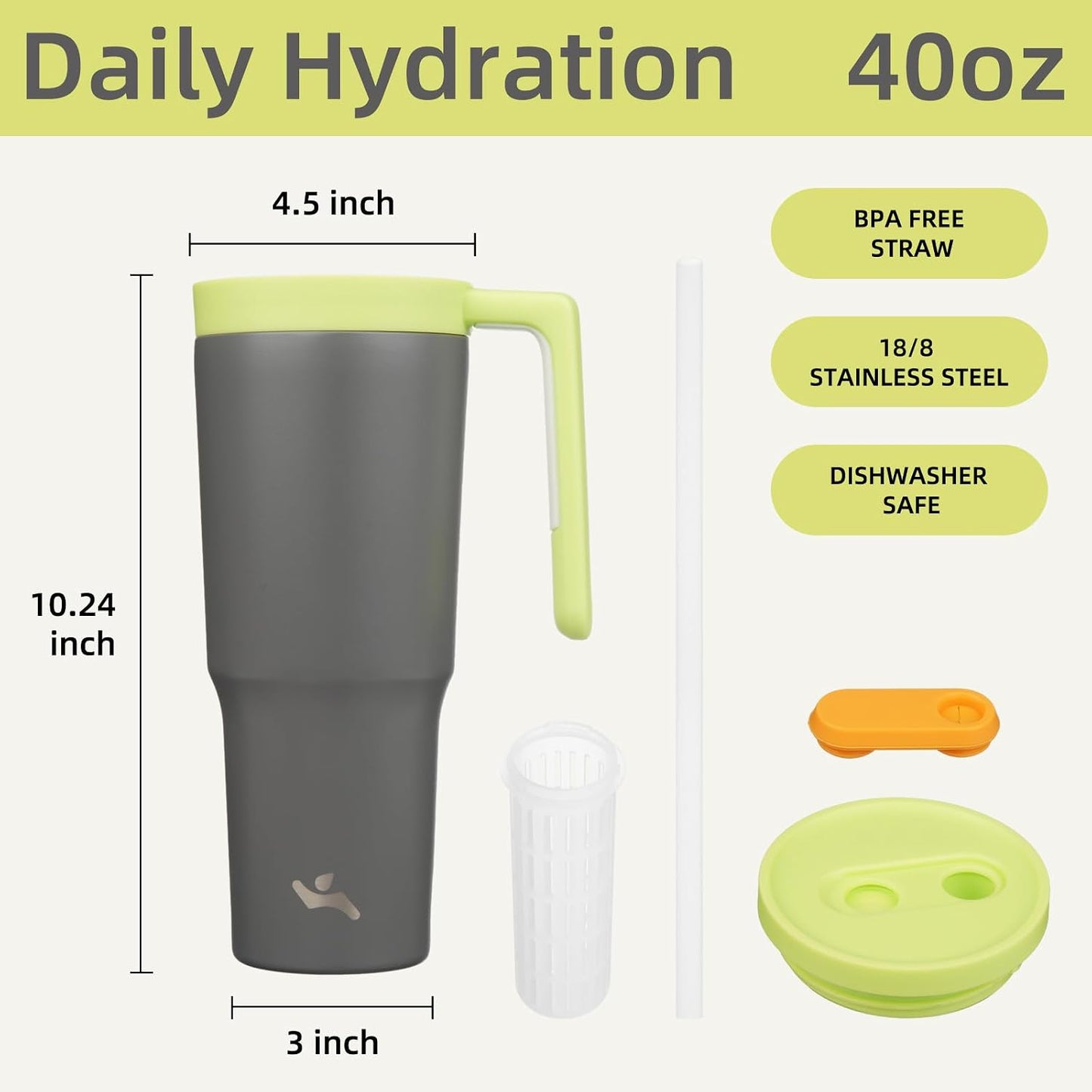 40 oz Tumbler with Handle and Straw, Insulated Water Bottle | Cherry; BPA-free, leak-resistant tumbler with fruit diffuser for gym, office, travel, coffee & daily hydration