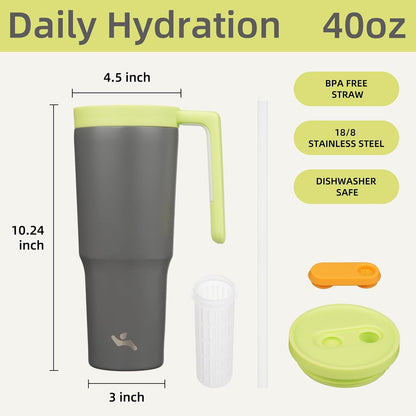 40 oz Tumbler with Handle and Straw, Insulated Water Bottle | Cherry; BPA-free, leak-resistant tumbler with fruit diffuser for gym, office, travel, coffee & daily hydration