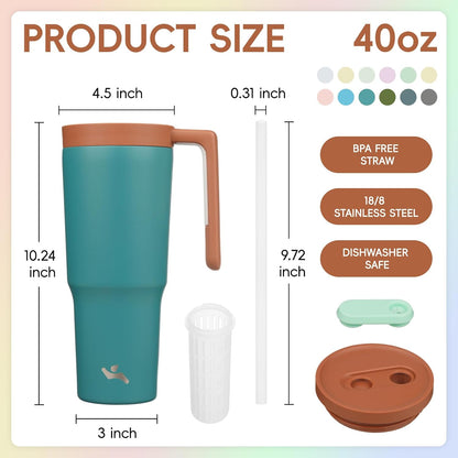 40 oz Tumbler with Handle and Straw, Insulated Water Bottle | Cherry; BPA-free, leak-resistant tumbler with fruit diffuser for gym, office, travel, coffee & daily hydration