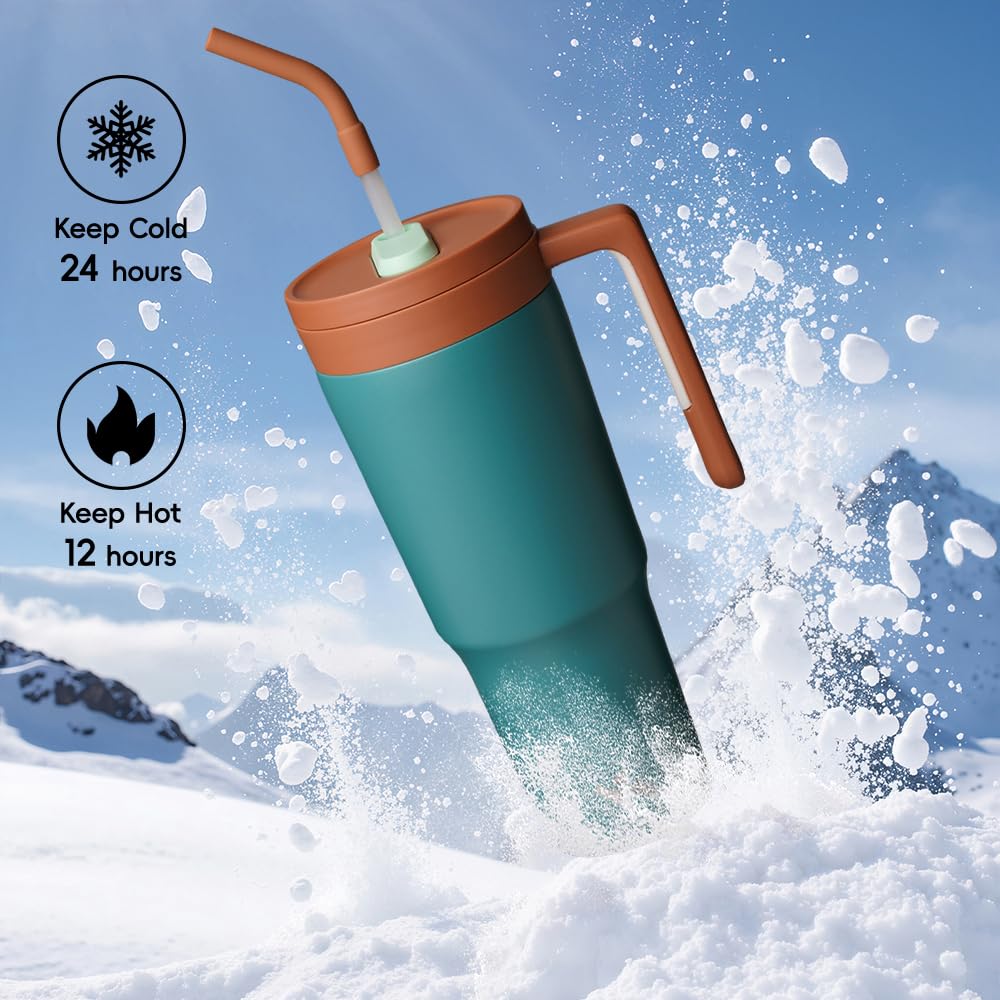 40 oz Tumbler with Handle and Straw, Insulated Water Bottle | Cherry; BPA-free, leak-resistant tumbler with fruit diffuser for gym, office, travel, coffee & daily hydration