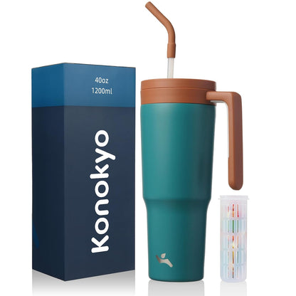 40 oz Tumbler with Handle and Straw, Insulated Water Bottle | Cherry; BPA-free, leak-resistant tumbler with fruit diffuser for gym, office, travel, coffee & daily hydration