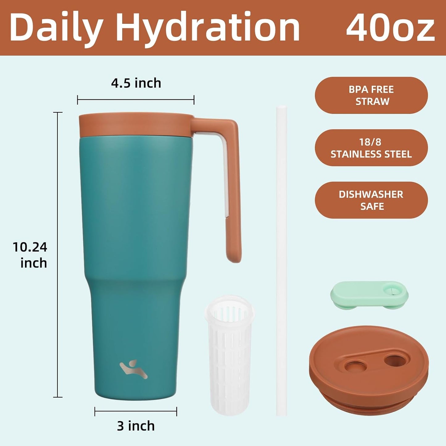 40 oz Tumbler with Handle and Straw, Insulated Water Bottle | Cherry; BPA-free, leak-resistant tumbler with fruit diffuser for gym, office, travel, coffee & daily hydration