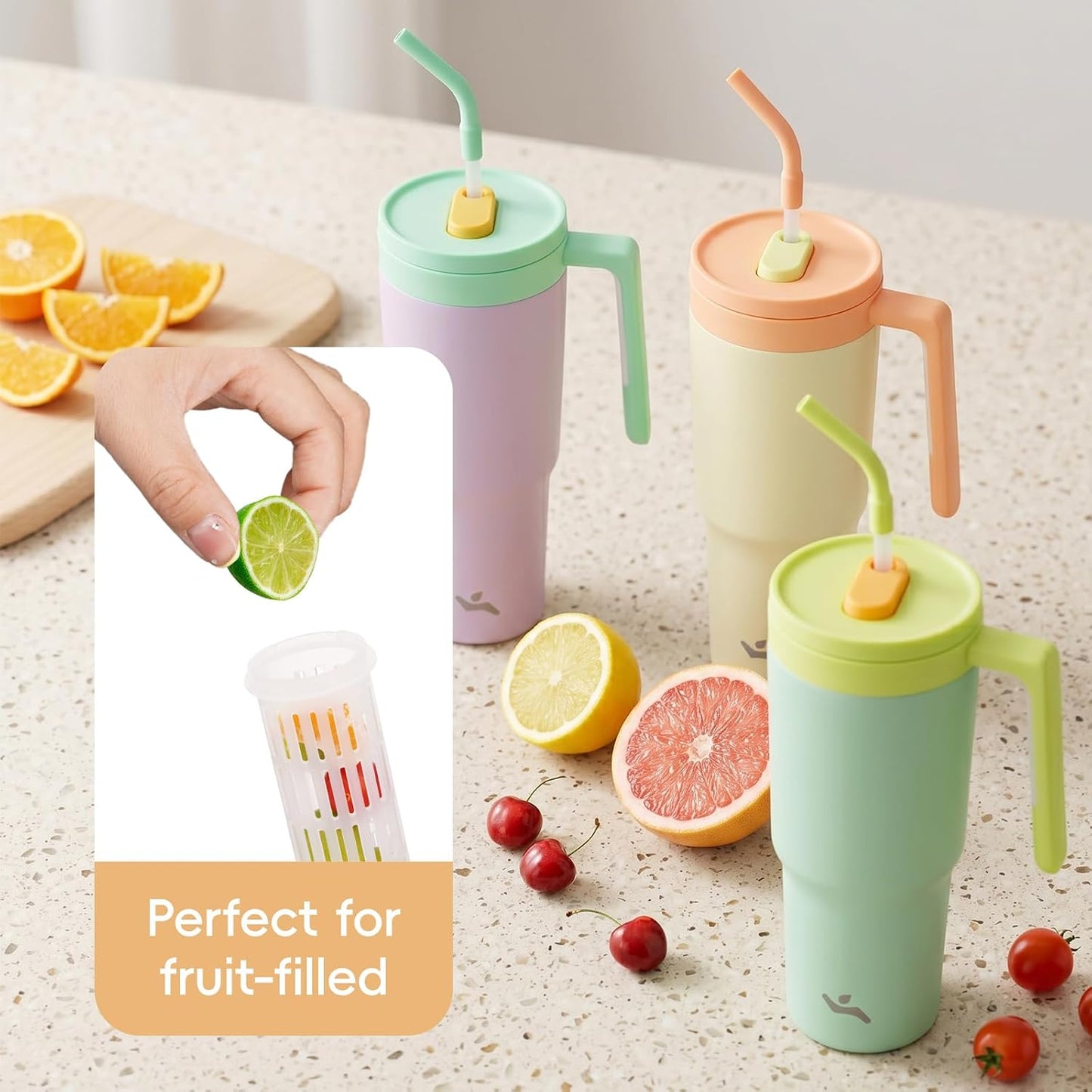 40 oz Tumbler with Handle and Straw, Insulated Water Bottle | Cherry; BPA-free, leak-resistant tumbler with fruit diffuser for gym, office, travel, coffee & daily hydration