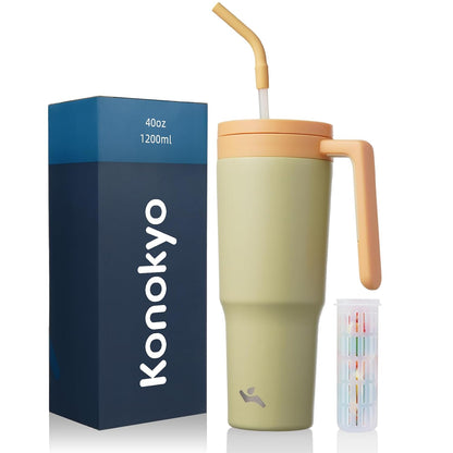 40 oz Tumbler with Handle and Straw, Insulated Water Bottle | Cherry; BPA-free, leak-resistant tumbler with fruit diffuser for gym, office, travel, coffee & daily hydration