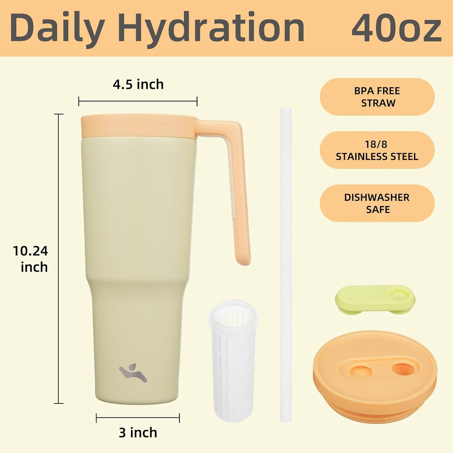 40 oz Tumbler with Handle and Straw, Insulated Water Bottle | Cherry; BPA-free, leak-resistant tumbler with fruit diffuser for gym, office, travel, coffee & daily hydration