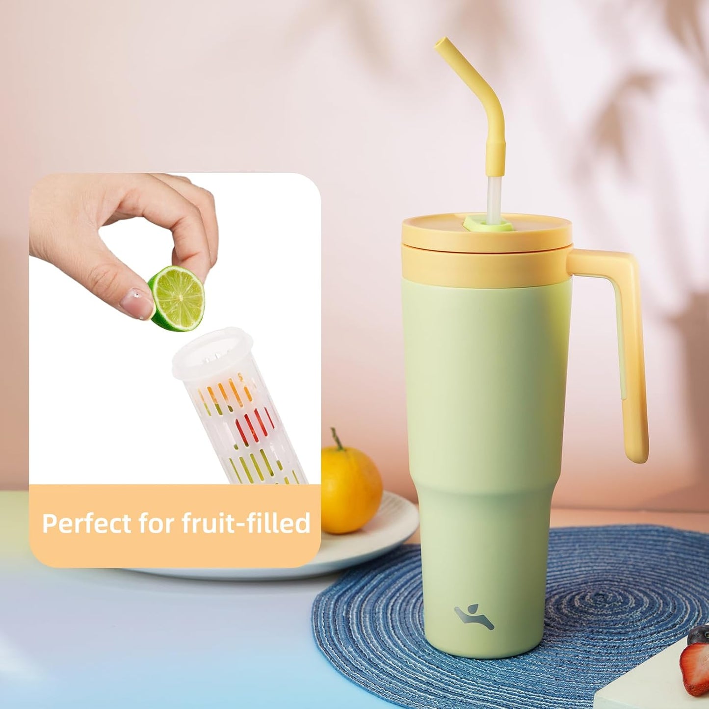 40 oz Tumbler with Handle and Straw, Insulated Water Bottle | Cherry; BPA-free, leak-resistant tumbler with fruit diffuser for gym, office, travel, coffee & daily hydration