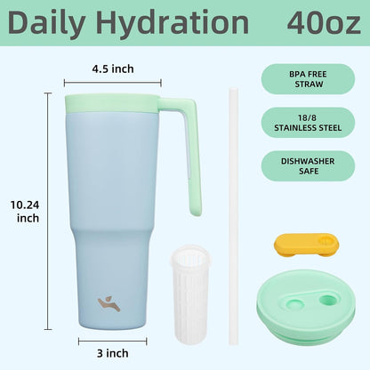 40 oz Tumbler with Handle and Straw, Insulated Water Bottle | Cherry; BPA-free, leak-resistant tumbler with fruit diffuser for gym, office, travel, coffee & daily hydration