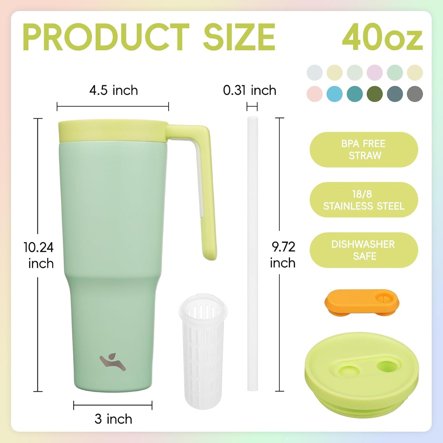 40 oz Tumbler with Handle and Straw, Insulated Water Bottle | Cherry; BPA-free, leak-resistant tumbler with fruit diffuser for gym, office, travel, coffee & daily hydration