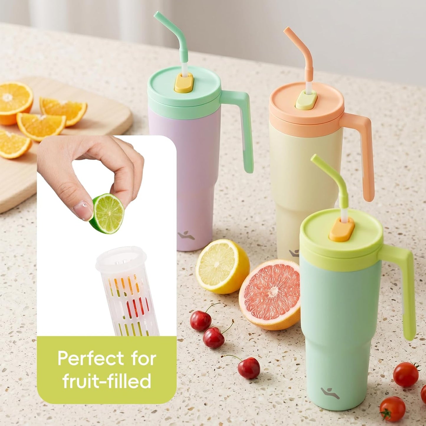 40 oz Tumbler with Handle and Straw, Insulated Water Bottle | Cherry; BPA-free, leak-resistant tumbler with fruit diffuser for gym, office, travel, coffee & daily hydration