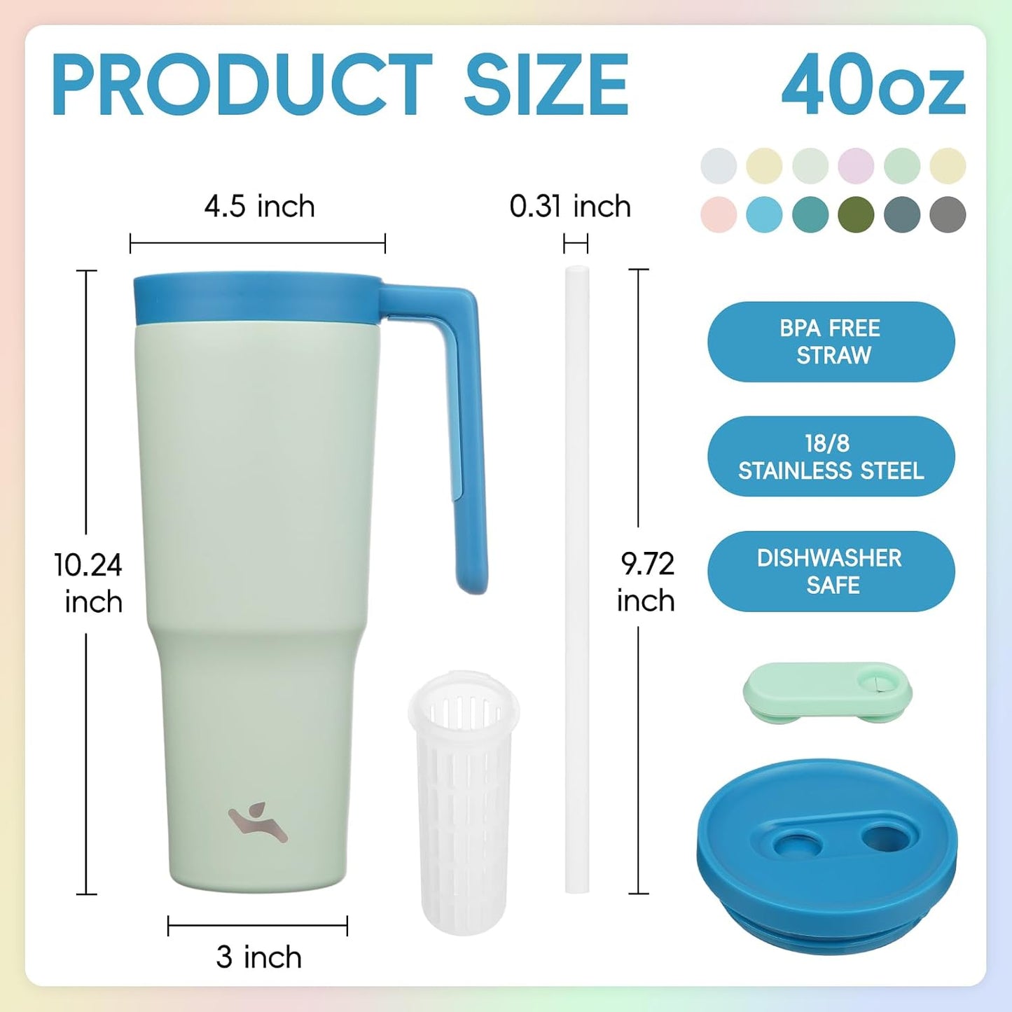 40 oz Tumbler with Handle and Straw, Insulated Water Bottle | Cherry; BPA-free, leak-resistant tumbler with fruit diffuser for gym, office, travel, coffee & daily hydration