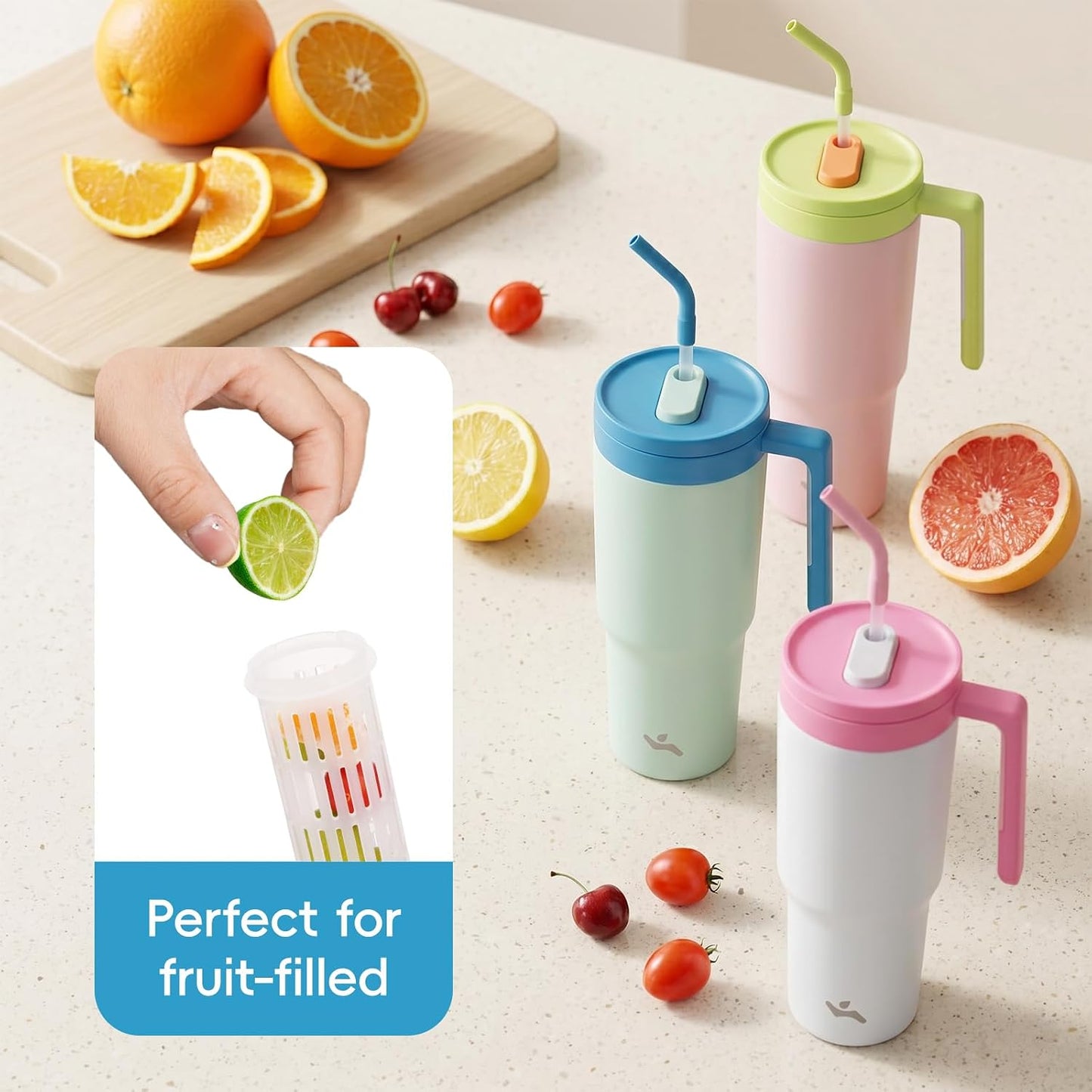 40 oz Tumbler with Handle and Straw, Insulated Water Bottle | Cherry; BPA-free, leak-resistant tumbler with fruit diffuser for gym, office, travel, coffee & daily hydration